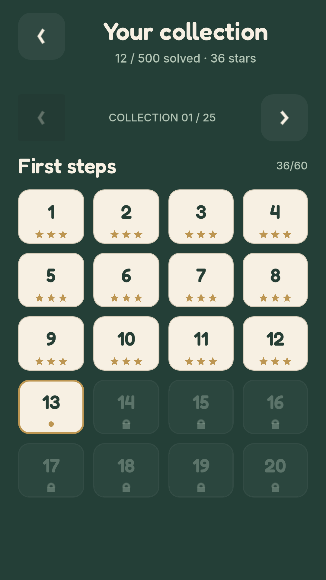 The first collection shows completed puzzles, earned stars and the next puzzle to explore.