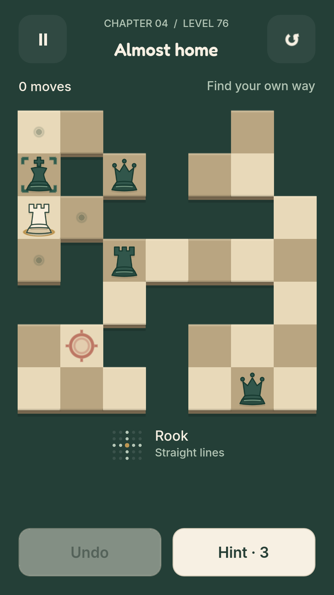 Level 76, Almost home: a rook explores an irregular chessboard with transformation pieces and a coral exit.