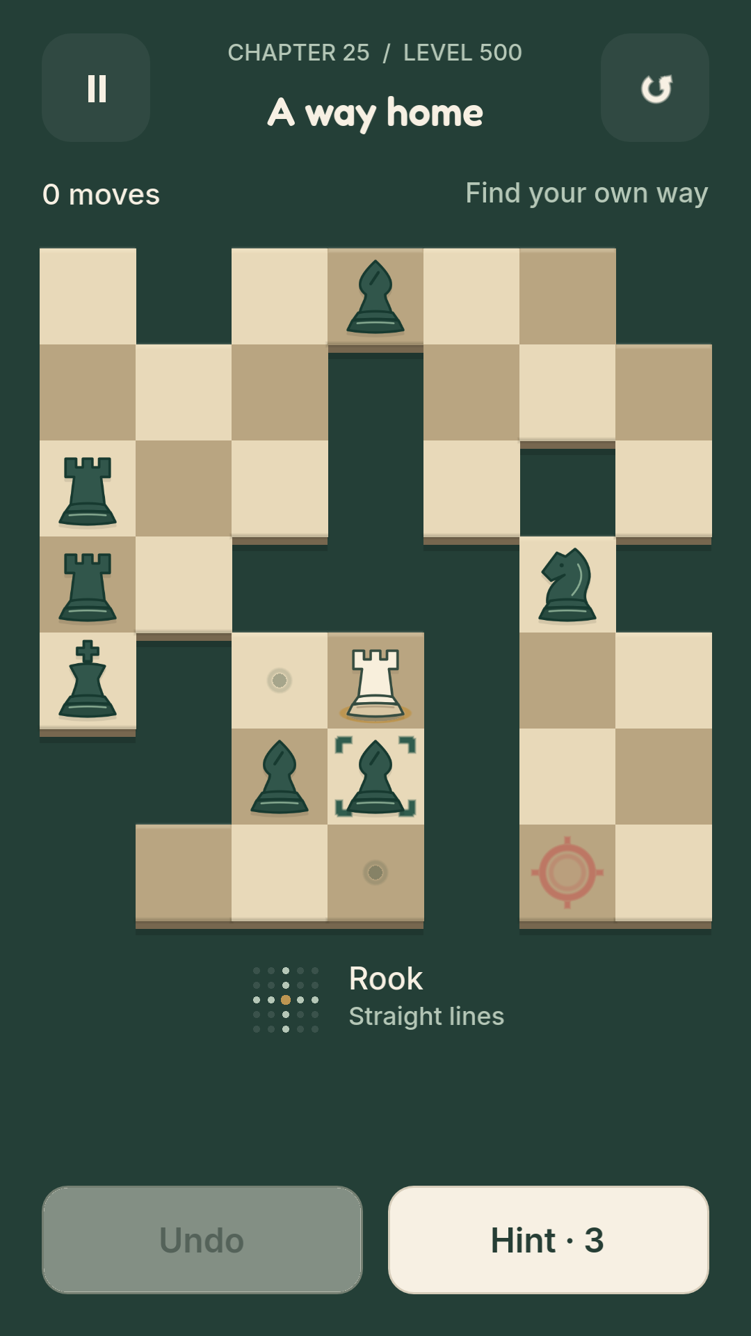 Level 500, A way home, with a complex board of pieces, gaps and an exit.
