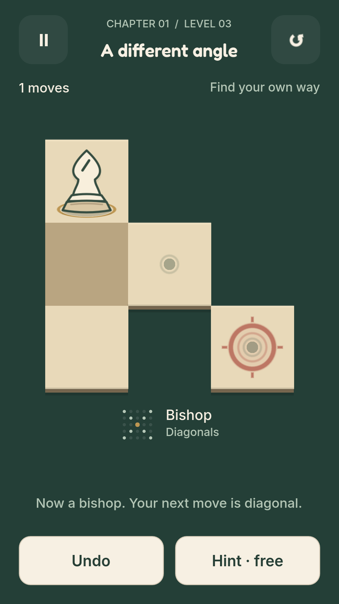 A beginner puzzle after transforming into a bishop, with diagonal moves available.