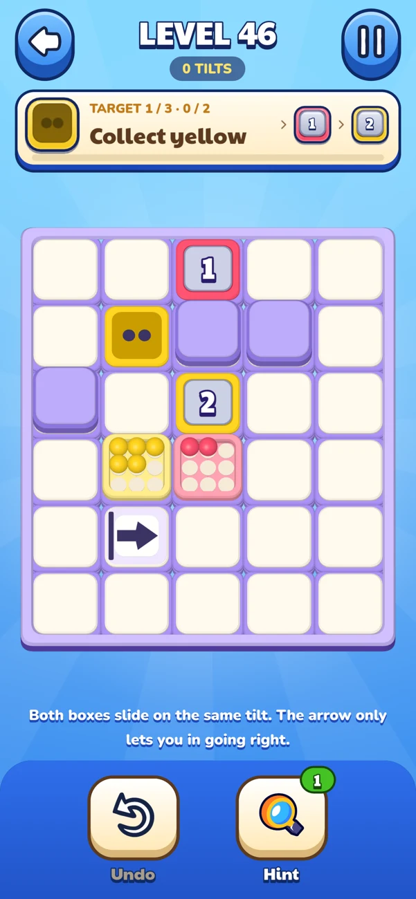 Real Tilt Sort gameplay showing two boxes on the same puzzle board